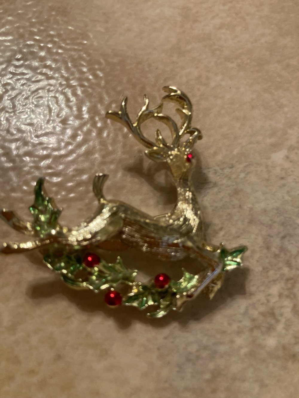 Gold Reindeer Holiday Brooch with Green Holly and Red Berries